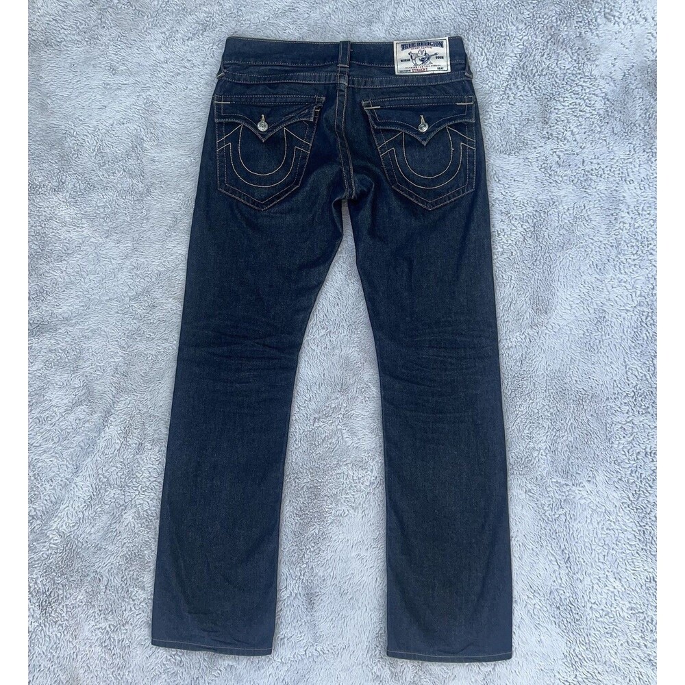 True Religion Men Straight Jeans Pocket Flaps Dark Indigo Blue 100% Cotton 31X33